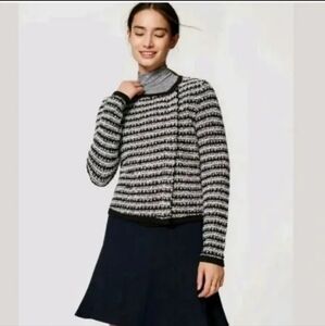 Loft Tweed Knit Striped Zipper Jacket, Black White, Women's Size Medium